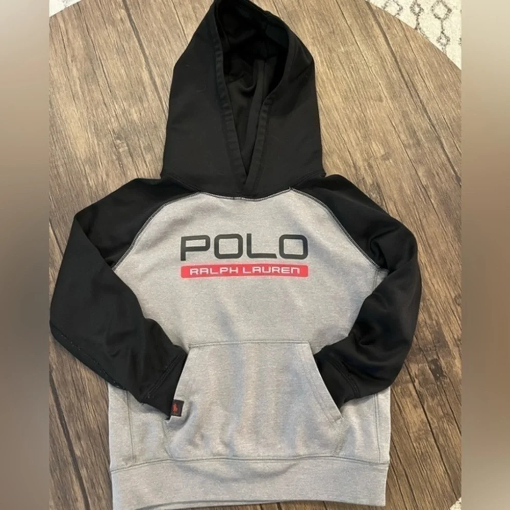 Ralph Lauren kids SZ small polyester hoodie. Black grey & red. Good condition
